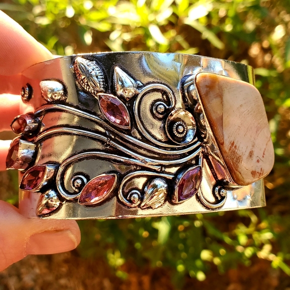 New Mookaite Jasper and Rubellite 925 Silver Cuff Bracelet. - Picture 12 of 16